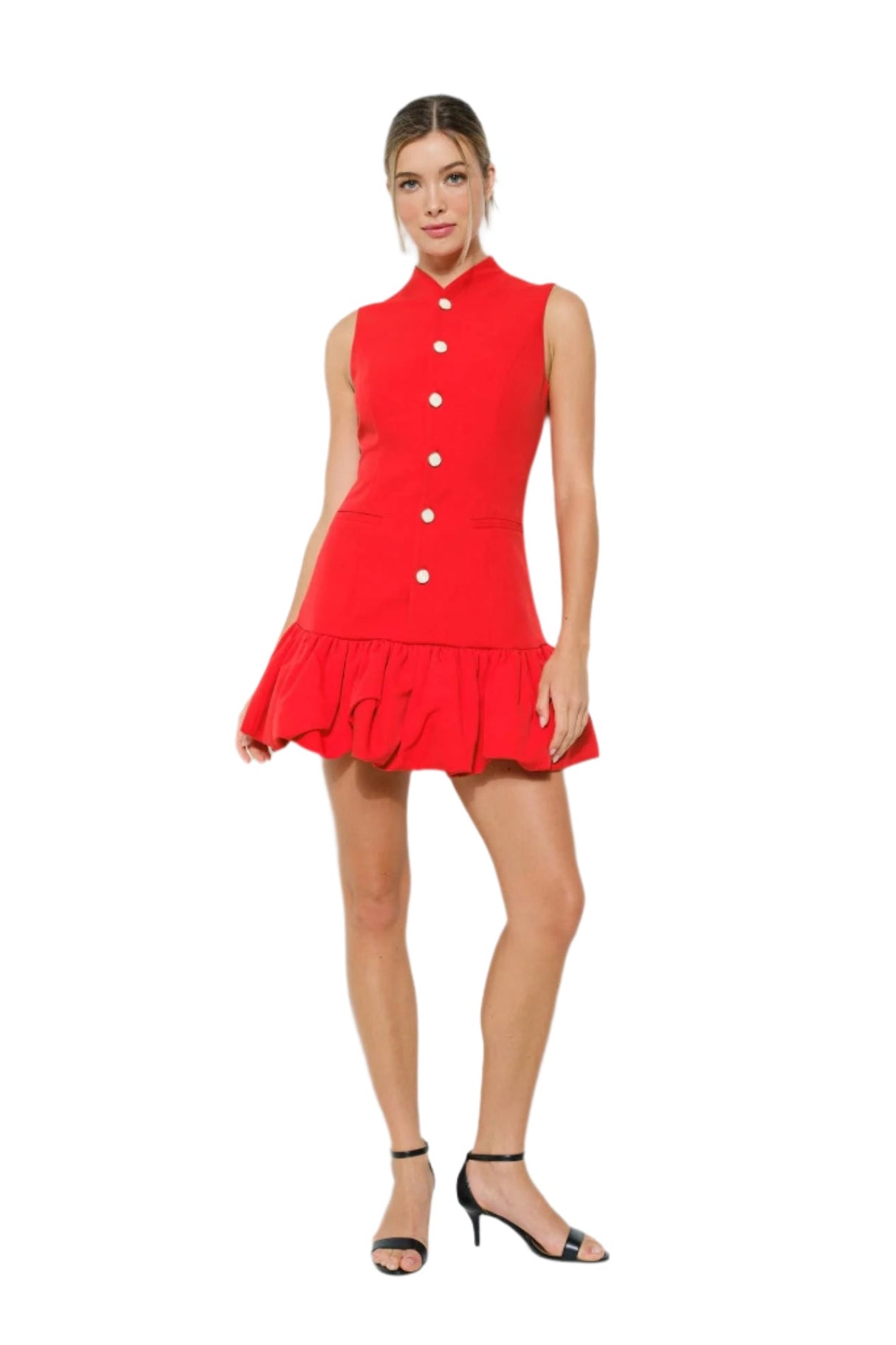 Sleeveless Bubble Hem Buttoned Mini Dress