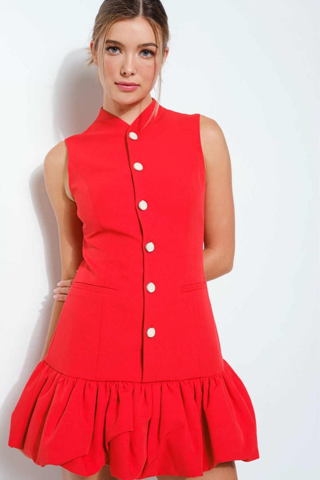 Sleeveless Bubble Hem Buttoned Mini Dress