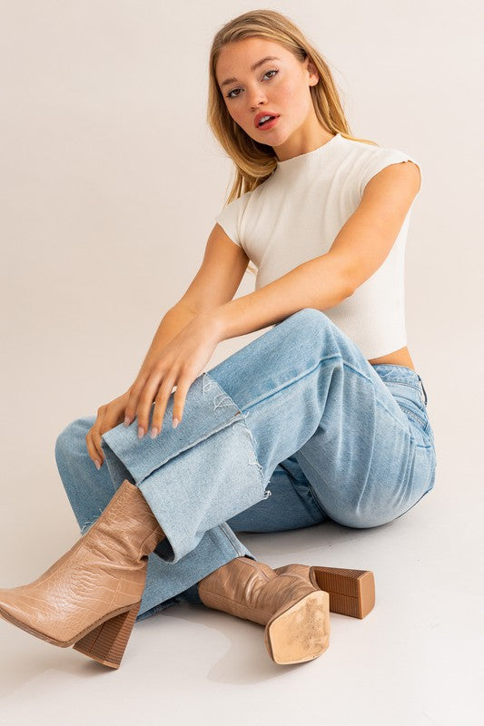 Madeline High-Waisted Wide Leg Cuffed Jeans