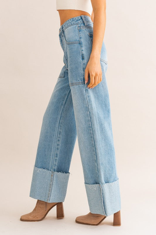 Madeline High-Waisted Wide Leg Cuffed Jeans