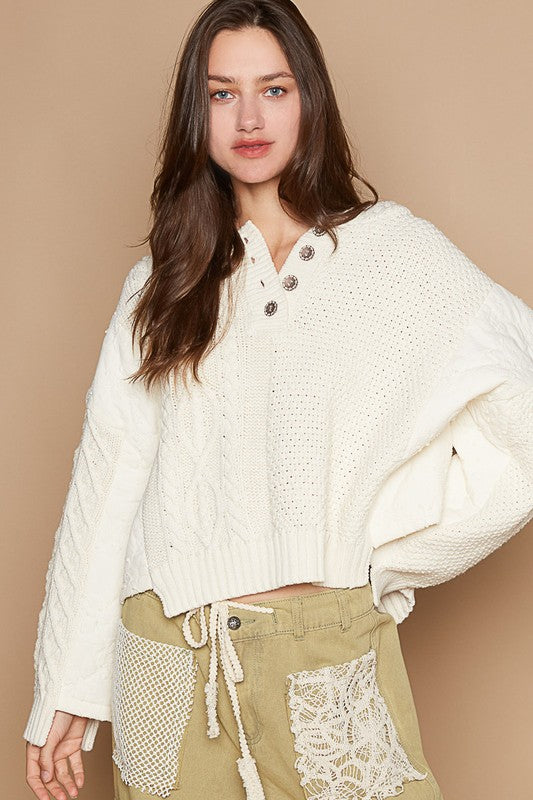 Lucy Cable-Knit Quarter Button Hooded Sweater