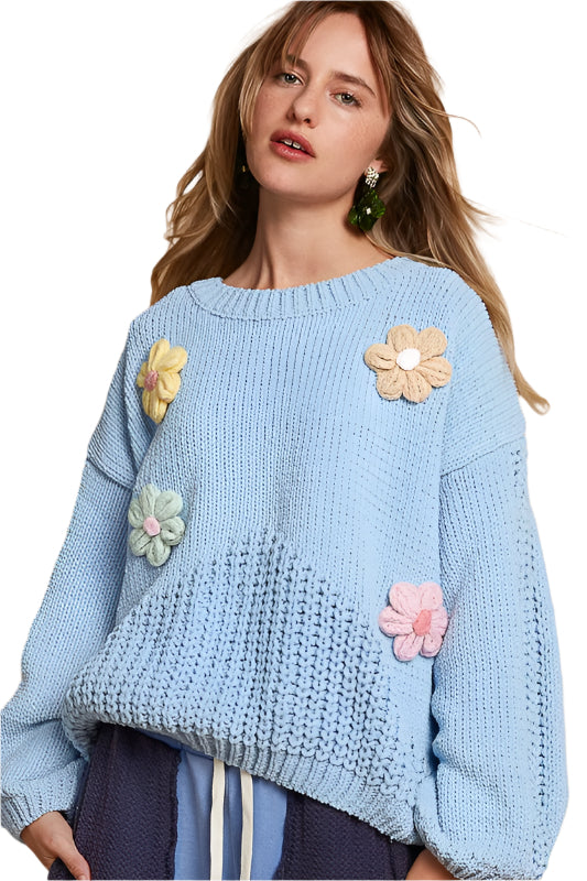 Jade Flower Round Neck Dropped Shoulder Sweater