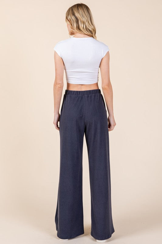 Adeline Elastic Waist Wide Leg Pants with Pockets