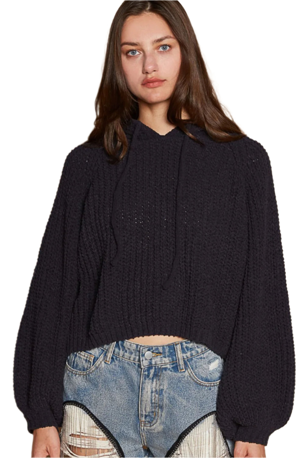 Iris Back Open Slit Balloon Sleeve Crop Hooded Sweater