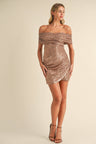 PLEATED OFF THE SHOULDER BACK LACE UP MINI DRESS
