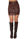 Desiree Mini Skirt - Fall Faux Leather Brown Fitted