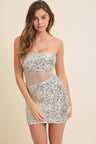 ASYMMETRIC MESH PANEL TUBE SEQUIN MINI DRESS