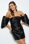 Satin Off Shoulder Ruched Sleeve Mini Dress