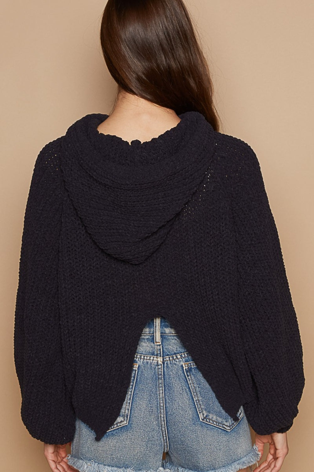 Iris Back Open Slit Balloon Sleeve Crop Hooded Sweater