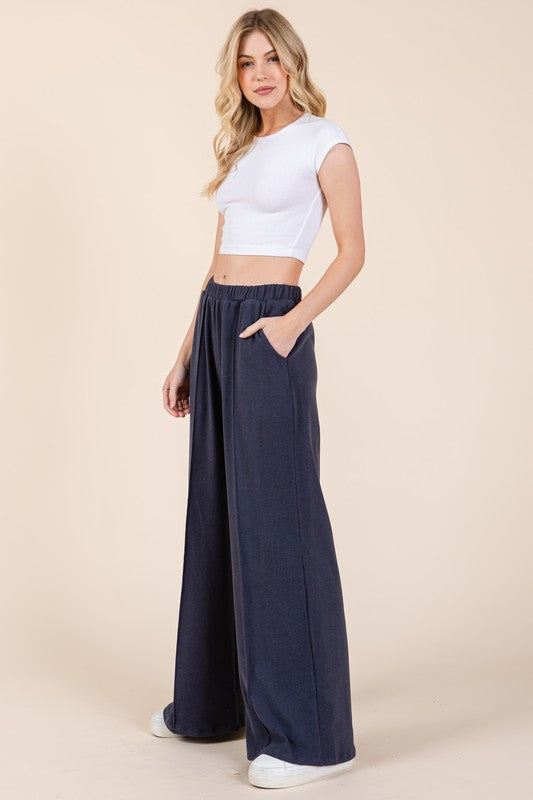 Adeline Elastic Waist Wide Leg Pants with Pockets