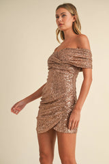 PLEATED OFF THE SHOULDER BACK LACE UP MINI DRESS