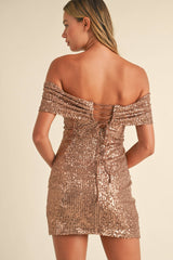 PLEATED OFF THE SHOULDER BACK LACE UP MINI DRESS