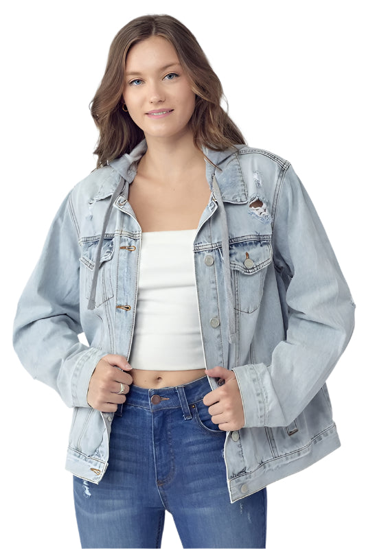 RISEN Full Size Distressed Drawstring Hooded Denim Jacket