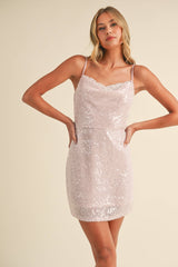LACE DETAIL COWL NECK CLEAR SEQUINS MINI DRESS