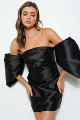 Satin Off Shoulder Ruched Sleeve Mini Dress