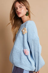 Jade Flower Round Neck Dropped Shoulder Sweater