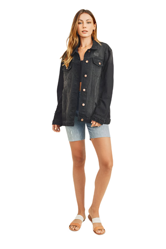 RISEN Full Size Distressed Long Sleeve Denim Jacket