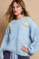 Jade Flower Round Neck Dropped Shoulder Sweater