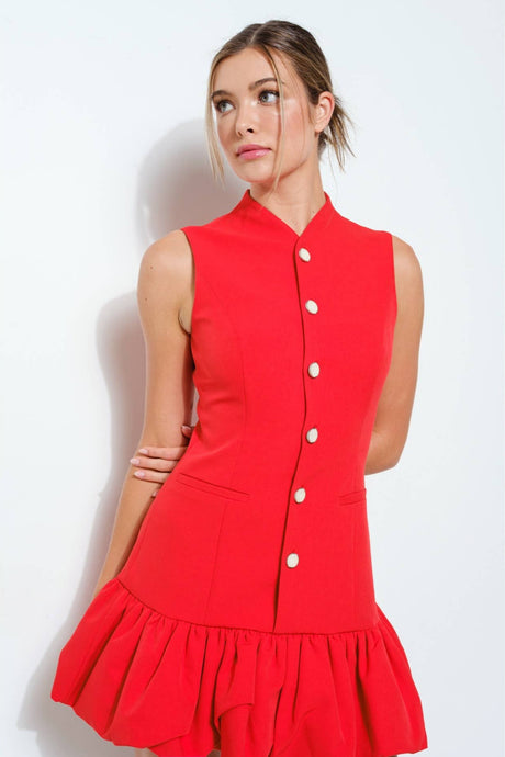 Sleeveless Bubble Hem Buttoned Mini Dress