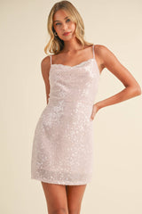 LACE DETAIL COWL NECK CLEAR SEQUINS MINI DRESS