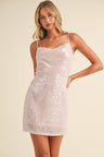 LACE DETAIL COWL NECK CLEAR SEQUINS MINI DRESS