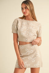 Zoe Bow Pattern Crop Cardigan and Mini Skirt Set