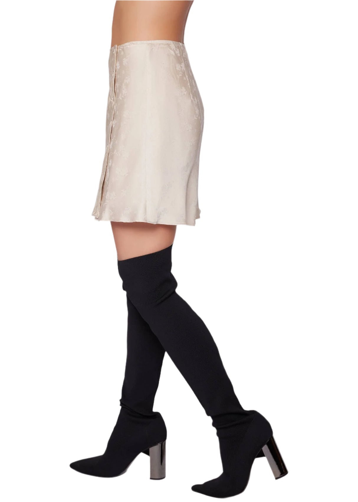 Zephyr Lily Mini Skirt - Silver Floral Side Button Down Fit