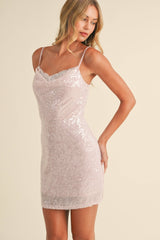 LACE DETAIL COWL NECK CLEAR SEQUINS MINI DRESS