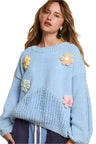 Jade Flower Round Neck Dropped Shoulder Sweater