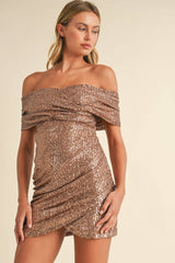 PLEATED OFF THE SHOULDER BACK LACE UP MINI DRESS