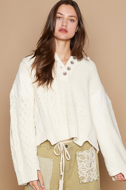 Lucy Cable-Knit Quarter Button Hooded Sweater