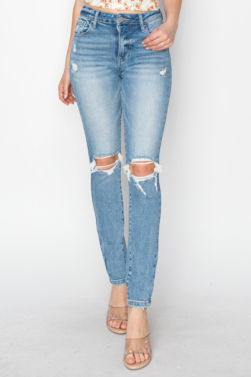 Risen Distressed Skinny Jeans