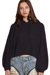 Iris Back Open Slit Balloon Sleeve Crop Hooded Sweater