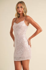 LACE DETAIL COWL NECK CLEAR SEQUINS MINI DRESS