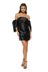Satin Off Shoulder Ruched Sleeve Mini Dress