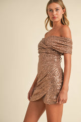 PLEATED OFF THE SHOULDER BACK LACE UP MINI DRESS