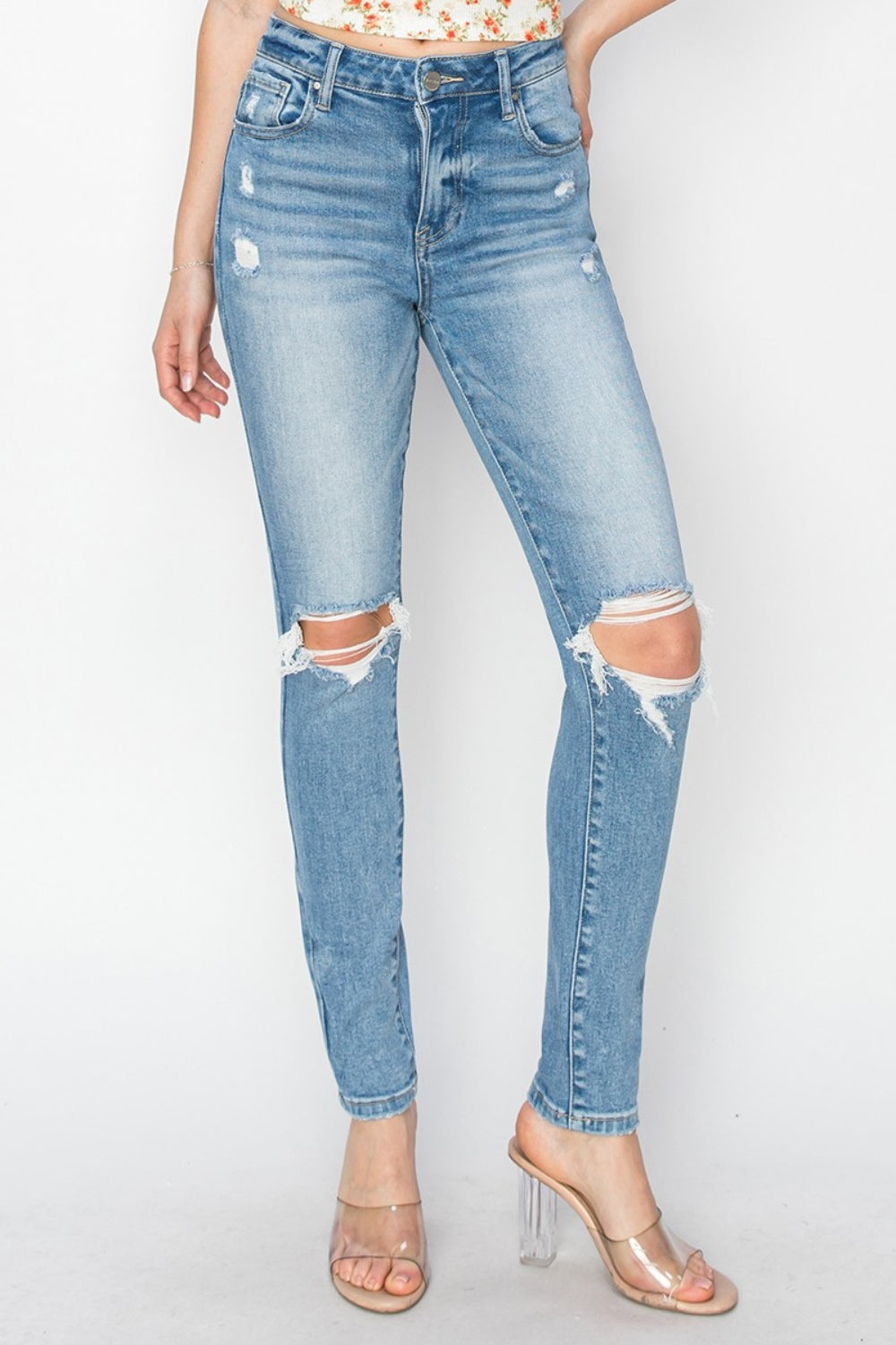 Risen Distressed Skinny Jeans